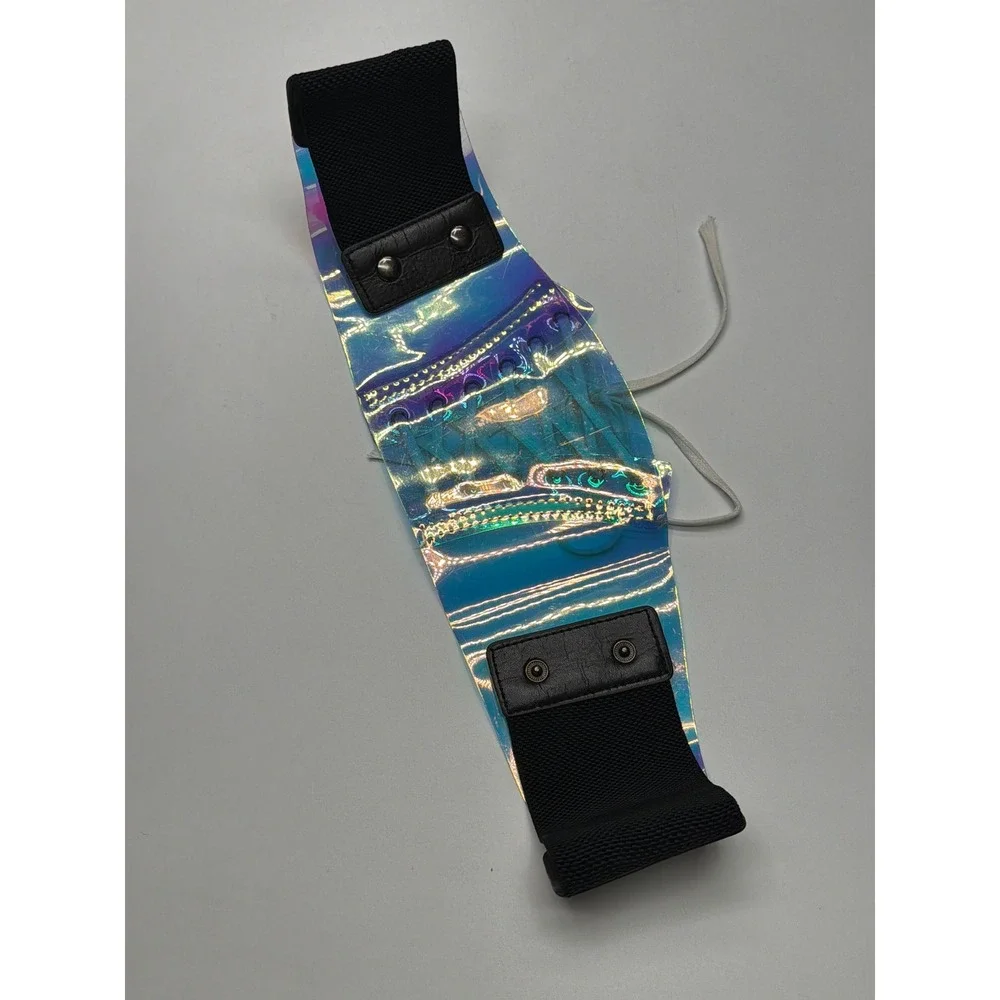 Holographic Iridescent Lace Up‎ Wide Elastic Belt Corset Waist Cincher